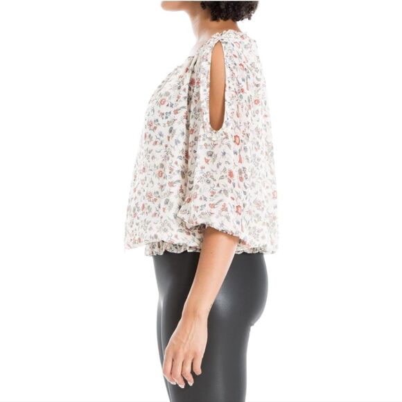 Max Studio -602 Georgette Elbow Sleeve Cold Shoulder‎ Blouse Cream Floral XS - Picture 2 of 12